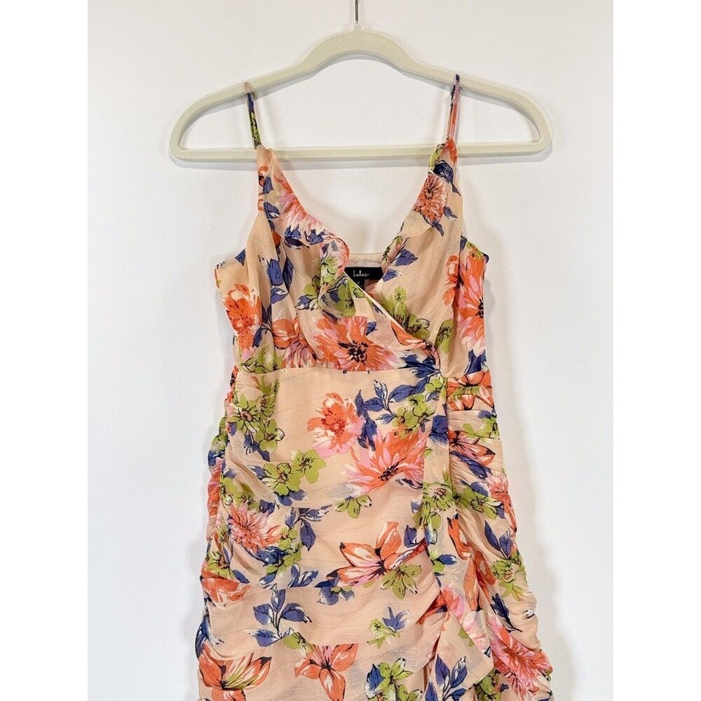 Lulus Dress Blush Pink Stunning Soiree Floral Ruched Midi V Neck Chiffon Small - Picture 9 of 12